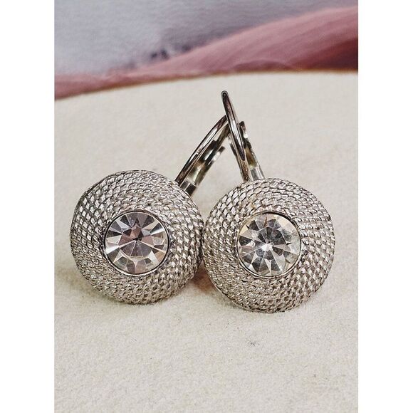 Vintage Silver-Tone Lever Back Rope  Earrings With Clear Crystal Center - Picture 2 of 6